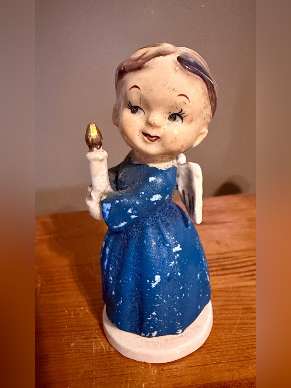 Vintage Wales porcelain angel in blue holding a candle Japan